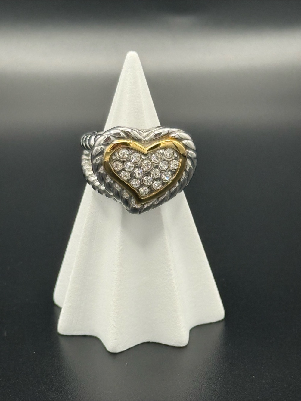 Two Tone Heart Ring Crystal Pavé and Cable Band - Stainless Steel